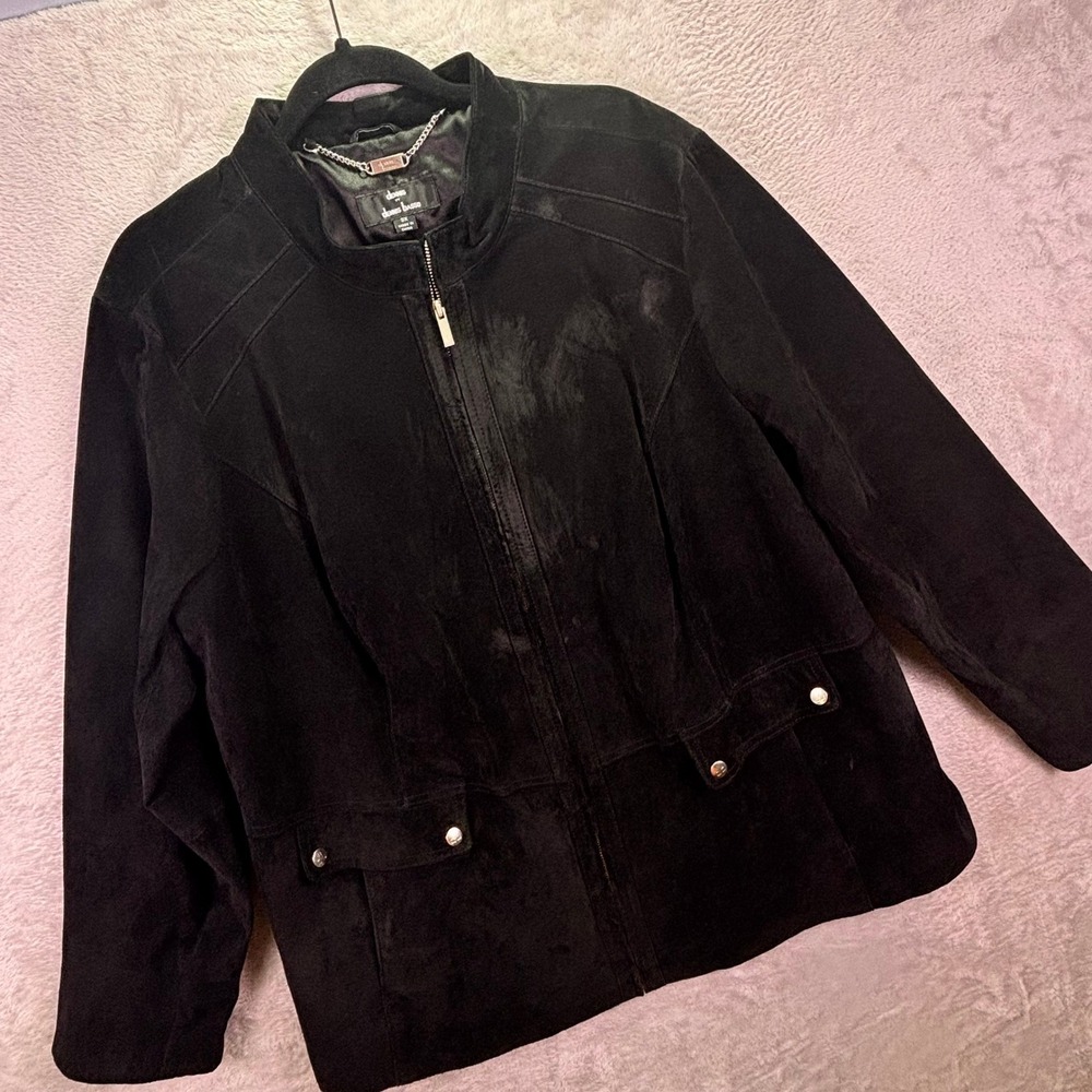 Dennis Basso Womens Jacket 3X Black Suede Leather Zip Up Moto Mock Neck Coat